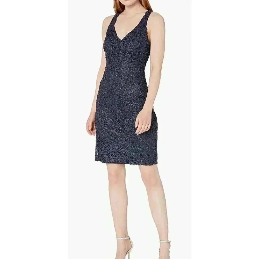 Marina Women's Metallic lace Dress, Navy, 12